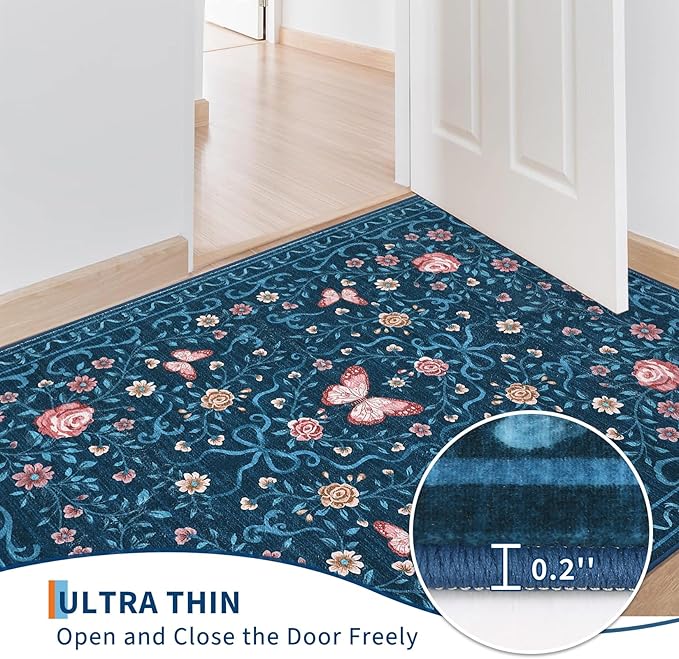 GarveeHome 3x5 Small Area Rug for Bedroom Floral Washable Rugs Non Slip Stain Resistant Living Room Throw Carpet Low Pile Dining Room Blue Area Rug Butterfly Bow Rugs for Nursery Home Decor, 3x5