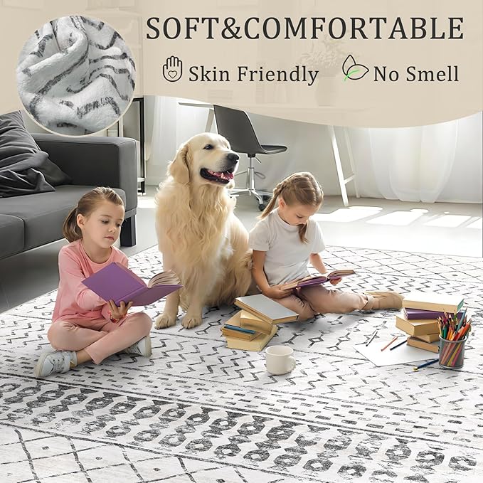5x7 Machine Washable Area Rug for Living Room, Grey White Vintage Moroccan Rug Large Non-Slip Low Pile Soft Faux Wool Carpet, Kids and Pets Friendly for Bedroom Dining Room Farmhouse Home Decor Rug