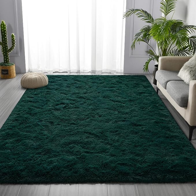 Large Shag Area Rugs 5 x 8, Plush Fuzzy Rugs for Living Room, Ultra Soft Fluffy Furry Rug for Bedroom, Indoor Carpet Nursery Rugs for Kids Room Home Decor, Deep Green