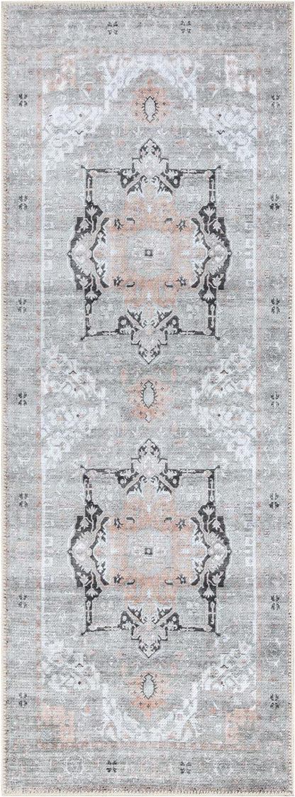 Bloom Rugs Washable Non-Slip 7 ft Runner - Gray/Coral Pink Traditional Runner for Entryway, Hallway, Bathroom, and Kitchen - Exact Size: 2.5' x 7'