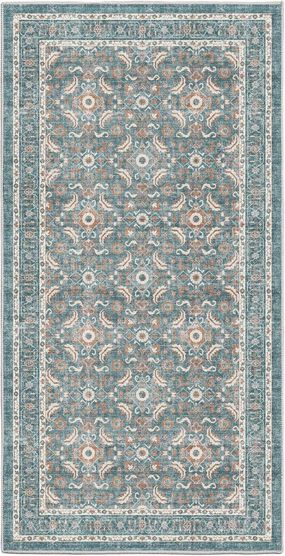 WITSHOCK Washable 2x4 Entryway Area Rug: Soft Non-Slip Backing Washable Rugs Vintage Flower Boho Accent Small Rugs for Bedroom, Kitchen, Bathroom, Nursery Entrance,Teal Blue
