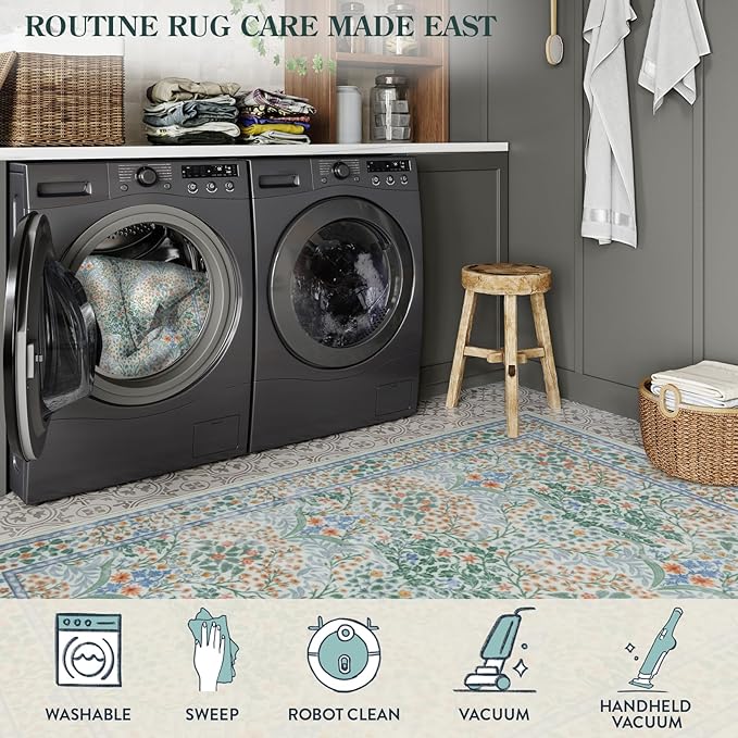 Lahome Floral Washable Rugs 8x10, Soft Green 8x10 Area Rugs for Living Room Bedroom, Boho Non-Slip Forest Stain Resistance Large Throw Carpet for Farmhouse Dining Room Office, Green