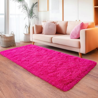 Hot Pink Runner Rug for Hallway, Bedroom Bedside Plush Rugs, Non Slip Fluffy Shaggy Carpet for Kids Home Decor, Dorm Nursery 2x6 Ft