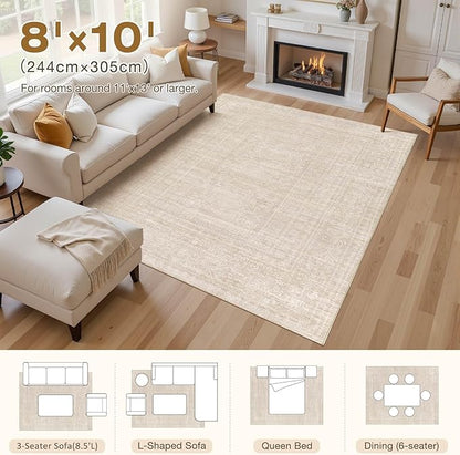 8x10 Area Rugs Living Room: Washable Large Vintage Beige Rug Neutral Non-Slip Soft Stain Resistant Indoor Carpet for Bedroom Nursery Dining Room Under Table Bed Home House Office Playroom