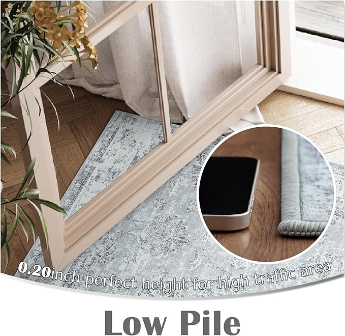 jinchan Fiora Washable Area Rug 8x10 for Living Room Soft Faux Wool Ultra-Thin Stain Resistant Non-Slip Distressed Vintage Floral Large Carpet for Bedroom Dining Room Home Office Nursery(Grey, 8'x10')