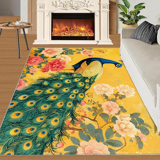 Classic Peacock Rug Small - 4x5 Rug, Peacock Peony Flower Washable Rugs for Living Room, Yellow Teal Turquoise Carpet, Non-Slip Area Rugs for Bedroom, Aesthetics Carpet - Peafowl Home Decor & Gifts