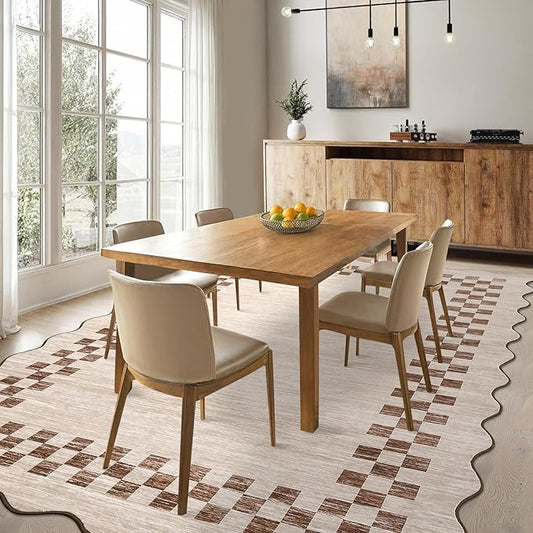 GarveeHome Washable Rug 5x7 for Living Room Large Bedroom Scalloped Rug Non Slip Stain Resistant Modern Border Throw Carpet Soft Boho Rug for Dining Room Nursery Home Office, Beige