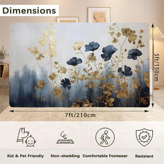 Blue Gray Flower Area Rug for Living Room, Non-Slip Backing Low Pile Modern Abstract Rug for Indoor Use, 5x7 Washable Carpet