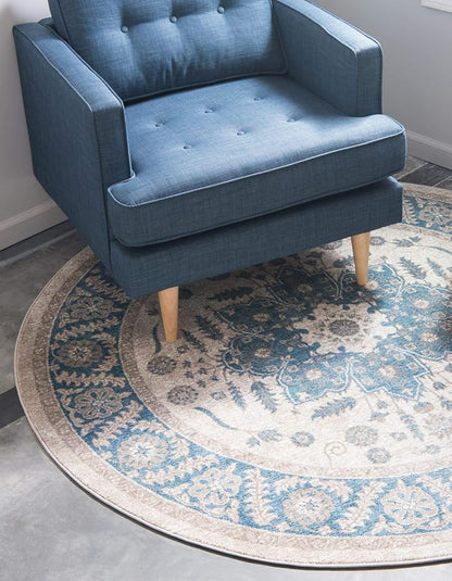 Unique Loom Salzburg Collection Classic Traditional Design Oriental Inspired Border Area Rug (5' 0 x 5' 0 Round, Beige/Blue)