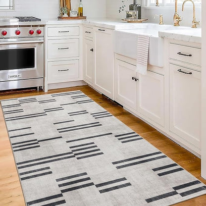 ReaLife Rugs Machine Washable Area Rug Runner - Living Room Bedroom Bathroom Kitchen Entryway Office -Non-Slip Baking Low Pile Stain Resistant Premium - Modern Geometric Loki-Beige & Black 2'6" x 6'