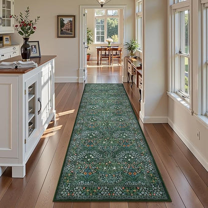 Lahome Floral Washable Runner Rug, 2'6''x8' Soft Hallway Rug Non Slip, Boho Ultra-Thin Kitchen Runners for Hallways with Rubber Backing Carpet Runner for Laundry Bedroom Bathroom, Dark Green