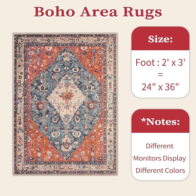 SERISSA Boho Rugs for Entryway, 2x3 Tribal Entryway Rug Non-Slip Washable Small Area Rug, Ultra Soft Oriental Vintage Low-Pile Indoor Door Mat Floor Carpet for Entrance Bedroom Kitchen Bathroom