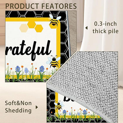 Bee Grateful Rug for Living Room 3x5, Low Pile Non-Slip Backing, Machine Washable Easy Fold Rug for Home, Office, Dorm Room