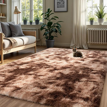 Zentavio Area Rugs for Living Room Rugs for Bedroom 4x6 Soft Carpet Fluffy Furry Shag Aesthetic Plush High Pile Gray Throw Rug for Nursery Kids Room Dorm Tie-Dyed Coffee