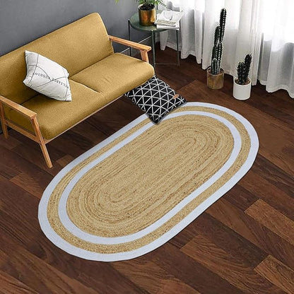 Oval Runner 2.6x12 Kilim Jute Runner Natural Oval Thick 0.27" Solid Design Beige White Hand Braided Jute Flatweave Mat Handmade Boho Indoor Outdoor Rugs for Hallway Enterway Corridor