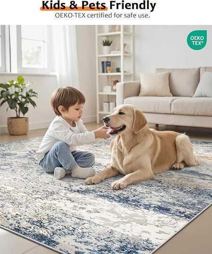 Art&Tuft Washable Rugs 9x12, Abstract Area Rugs 9x12 Living Room - Non Slip and Low Pile Soft Thin Rug for Bedroom, Dining Room, Kitchen, Office, Blue