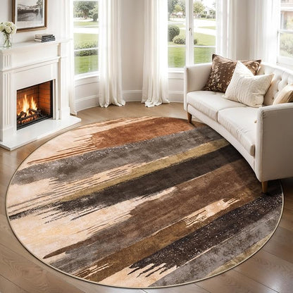Ciicool 5ft Round Washable Rug, Modern Abstract Circle Rugs, Non-Slip Thin Lightweight Rug Black Brown Circular Print Distressed Carpet for Bedroom Living Room Under Dining Table Home Office Decor