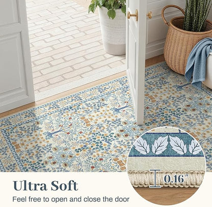 8x10 Area Rugs Living Room Rug - Floral Vintage Forest Washable Carpet, Low Pile Non-Slip Stain Resistance Boho Soft Large Carpet for Bedroom, Dining Room, Office, Farmhouse (8'x10' Blue/Orange)