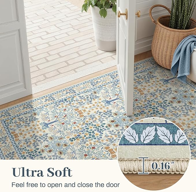 6x9 Area Rugs Living Room Rug - Floral Vintage Morris-Inspired Washable Carpet, Low Pile Non-Shedding Stain Resistance Boho Soft Carpet for Bedroom, Dining Room, Office, Farmhouse (6'x9' Blue/Orange)