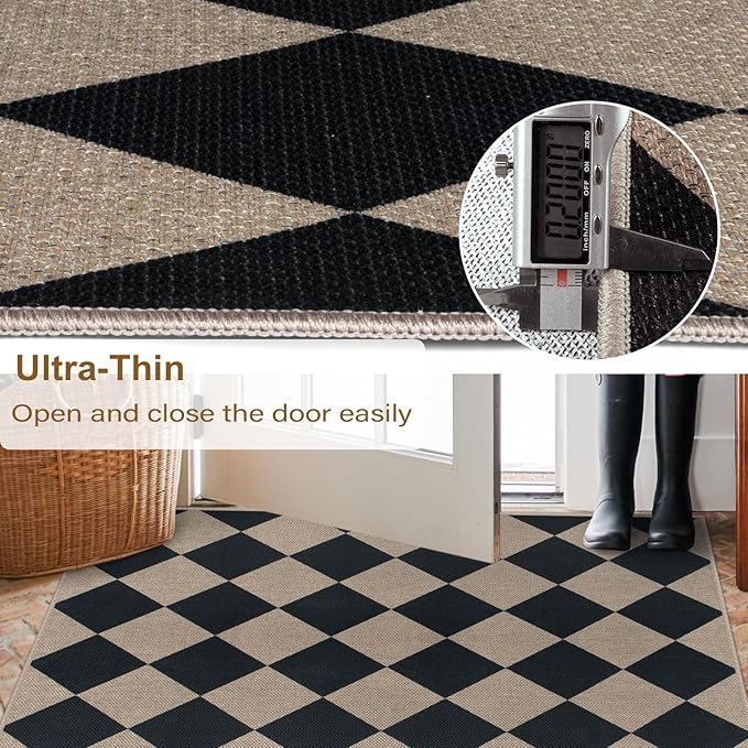 Easy Jute Checkered Runner Rug, 2x6 Black Modern Washable Rugs Runner for Hallway Non-Slip Long Kitchen Rug, Geometric Diamond Indoor Outdoor Carpet for Porch Laundry Entryway