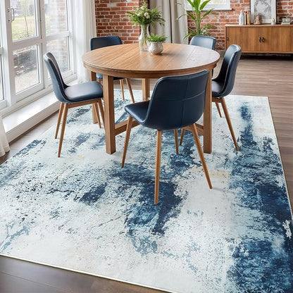Washable Abstract Rug, 7x10 Modern Area Rugs with Non-Slip Rubber Backed for Living Room, Thin but Soft Contemporary Carpet Kitchen Bedroom Dining Room Decor, Blue White