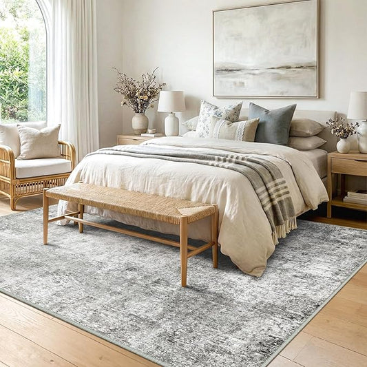 Washable Area Rugs 7'x9' Non-Slip Modern Abstract Soft for Living Room Entryway Bedroom Nursery, Print Pattern, Gray White Grey