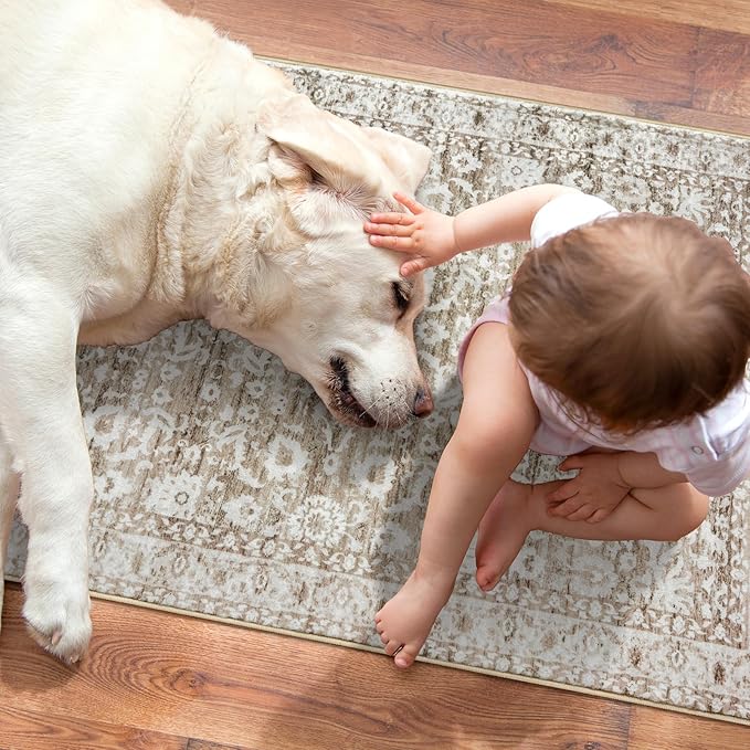 Vintage Floral 2x6 Runner Rug, Beige Tan White Washable Kitchen Runner Rug Non-Slip Neutral Hallway Rug Runner Thin Printed Faux Wool Super Soft Carpet for Entryway Bedroom Laundry Room Indoor