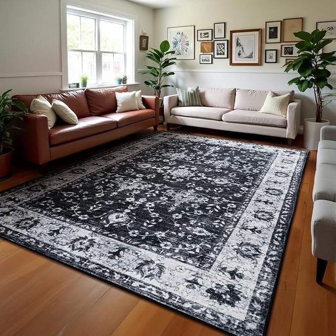 Area Rug for Living Room, 6x9 Machine Washable Non Slip Large Faux Wool Throw Rug, 0.3″ Low Pile & Non-Shedding Boho Large Carpet Rugs for for Dining Room, Bedroom, Office (Black White)