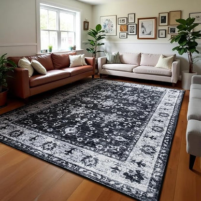 Area Rug for Living Room, 6x9 Machine Washable Non Slip Large Faux Wool Throw Rug, 0.3″ Low Pile & Non-Shedding Boho Large Carpet Rugs for for Dining Room, Bedroom, Office (Black White)