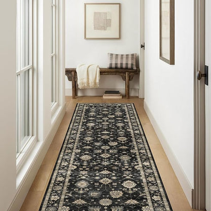 Kitchen Runner Rugs Non Skid Washable - 2.5x8ft Long Charcoal Black Boho Farmhouse Hallway Runner Rug Low Pile Vintage Moody Floral Carpet for Hallway Laundry Room Entryway Bedroom Foyer