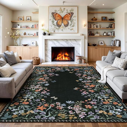 Wonnitar Washable 6x9 Area Rugs, Floral Print Large Living Room Rug, Non-Slip Soft Black Rugs for Bedroom, Ultra-Thin Vintage Botanical Rugs Carpet for Dining Room Guest Room (Black,6'x9')