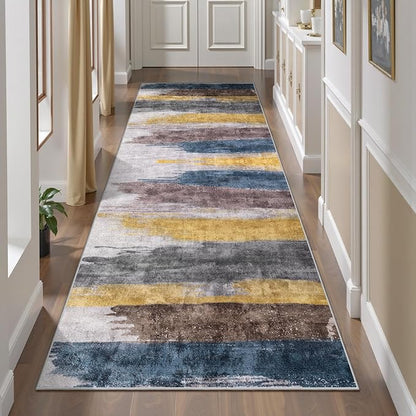 Ciicool 2'6 "x8' Washable Runner Rug, Modern Abstract Hallway Rugs Runner, Non-Slip Thin Accent Rug Lightweight Yellow Gray Distressed Carpet Runners for Laundry Entryway Bedroom Kitchen Indoor