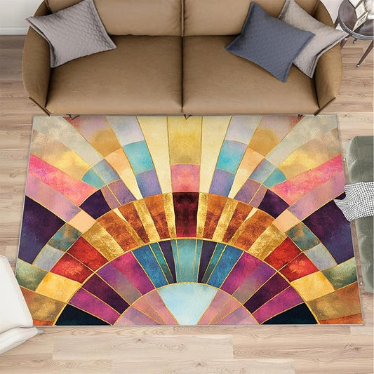 Chromatic Geometric Area Rugs 4x5ft, Abstraction Deco Kids Play Rug, Mosaic Sunburst Throw Rugs Bedroom Fluffie Soft for Coffee Shop Living Room Under Table Game Room