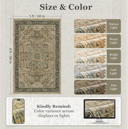 Vintage Distressed 5x8 Area Rugs for Living Room Bedroom, Low Pile Machine Washable Non Slip Dining Room Carpet Rugs for Under Table/Home Office/Kitchen, Printed Multi Brown/Slate Green