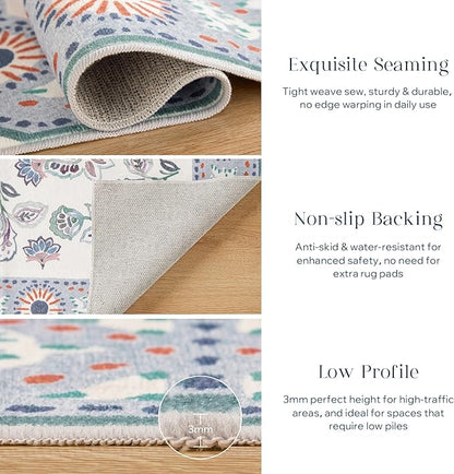 Phantoscope Washable Runner Rug 2'x10' Non-Slip, Vintage Boho Hallway Rugs for Entryway, Stair, Bedroom, Persian Floral Medallion Pattern, Low-Pile Foldable Floor Carpet, Ivory Blue/Garden Bloom