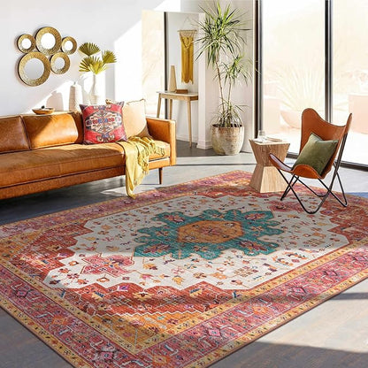 Moynesa Ultra-Thin Washable 10x14 Area Rugs for Bedroom, Pink Large Living Room Rug Non Slip, Medallion Oriental Indoor Floor Carpet for Dining Room Table Dorm Home Office Decor