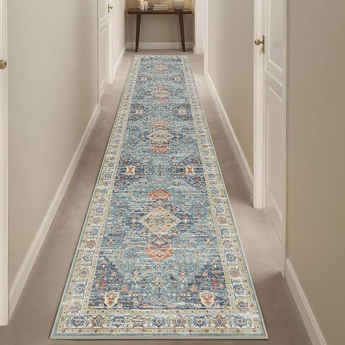 Enkor Runner Rugs for Hallway, 2x10 Washable Soft Non Slip Floor Rugs for Kitchen, Modern Mat for Living Room Bedroom Entryway Green & Blue