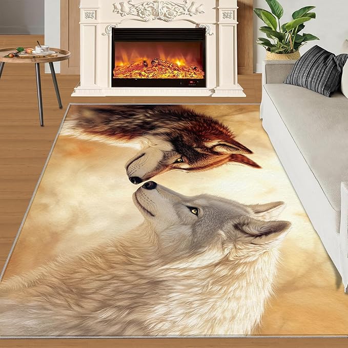 Wolf Rugs for Bedroom - 5x8 Area Rug - 3D Wolf Rugs for Living Room, Misty Forest Rug, Non-Slip Washable Home Decor Carpet