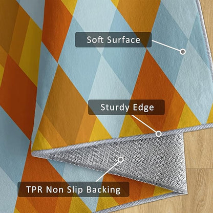 Washable 3x5 Diamond Rug Living Room, Geometric Orange and Blue Plaid Design Area Rugs for Bedroom, Diamond Home Decor Carpet, Low Pile, Non Slip, Kids & Pet Friendly (N4136)