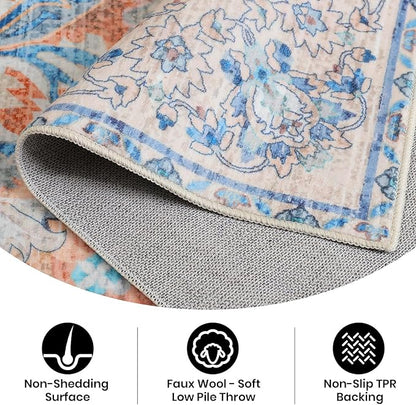 Area Rug for Living Room, 8x10 Machine Washable Non Slip Large Faux Wool Throw Rug, 0.3″ Low Pile & Non-Shedding Boho Large Carpet Rugs for for Dining Room, Bedroom, Office (Blue)