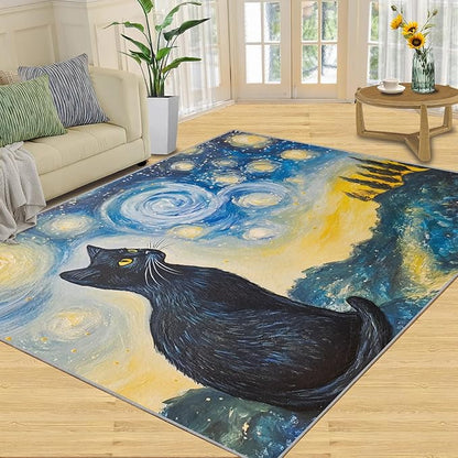 Black Cat Rugs for Bedroom - 4x5 Area Rug - Starry Sky Countryside Rugs for Living Room, Vintage Oil Painting Art Rug, Washable Home Decor Carpet