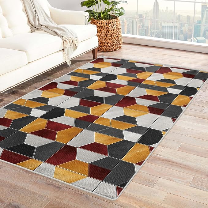 Modern Hexagon Rug, 2x3 Rug, Geometric Pattern Rugs for Living Room Bedroom, Modern Small Area Rug, Washable Rug Non Slip Soft Indoor Carpet, Modern Hexagon Home & Room Decor