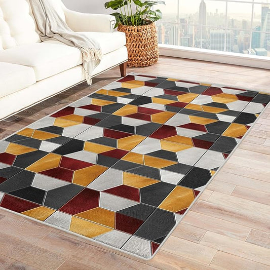 Modern Hexagon Rug, 5x8 Rug, Geometric Pattern Rugs for Living Room Bedroom, Modern Large Area Rug, Washable Rug Non Slip Soft Indoor Carpet, Modern Hexagon Home & Room Decor