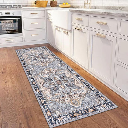 KOZYFLY Runners for Hallways 2x6 Ft Washable Kitchen Runner Rug Boho Runner Rug for Entryway Indoor Printed Oriental Faux Wool Floor Carpet Runner for Bedroom Kitchen Hall, Blue Gray/Cream