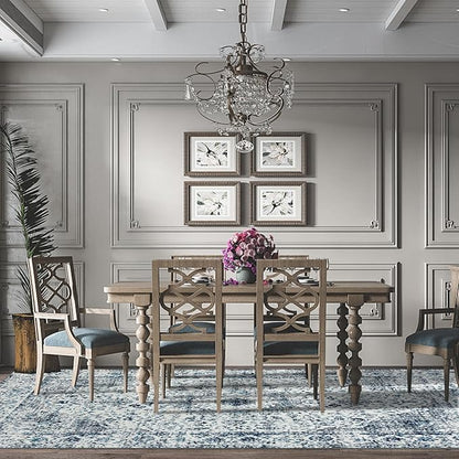 Easy-Going Area Rug 6x9 Washable Boho Rugs for Living Room Non-Slip Bedroom Rug Low Pile Lightweight Floral Print Vintage Throw Rug for Dining Room Kitchen Home Office Carpet, Blue Cream