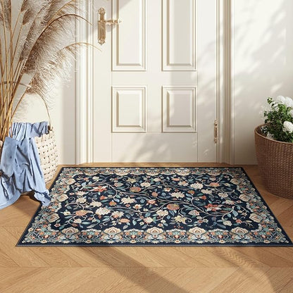 Rugcomf 2'x3' Entryway Rug - Paisley Pattern, Door Mat Indoor Entrance, Floral Vintage, Machine Washable, Non-Slip Low Pile Area Rug for Kitchen, Front Door, Kids Room - Blue