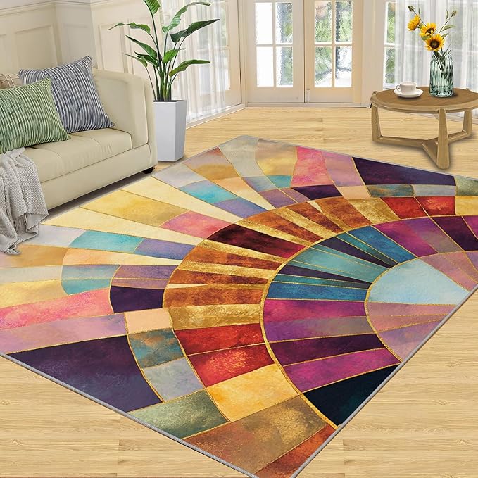 Chromatic Geometric Area Rugs 4x5ft, Abstraction Deco Kids Play Rug, Mosaic Sunburst Throw Rugs Bedroom Fluffie Soft for Coffee Shop Living Room Under Table Game Room