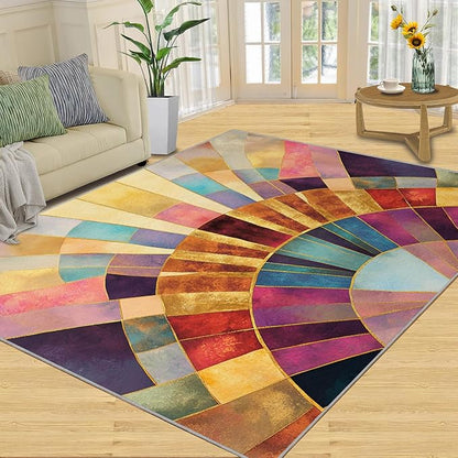 Chromatic Geometric Area Rugs 4x5ft, Abstraction Deco Kids Play Rug, Mosaic Sunburst Throw Rugs Bedroom Fluffie Soft for Coffee Shop Living Room Under Table Game Room