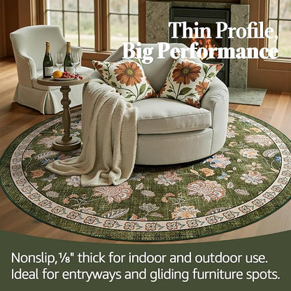 jinchan Elora 6ft Floral Round Rug for Dining Room Washable Living Room Rug Vintage Romance Design Non Slip Indoor Floor Cover Lightweight Low-Profile Throw Carpet for Bedroom Porch Patio, Green
