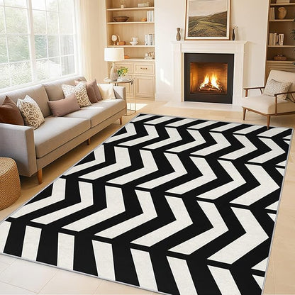 4x6 Black and White Chevron Rugs for Bedroom Decor, Washable Chevron Geometric Pattern Area Rug, Living Room Home Decoration, Non Slip Soft Thin, Modern Zigzag Decor Carpet PF-P 49